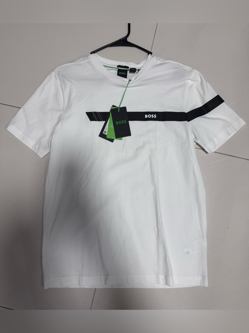 BOSS White Short-Sleeve Tee with Black Chest Stripe